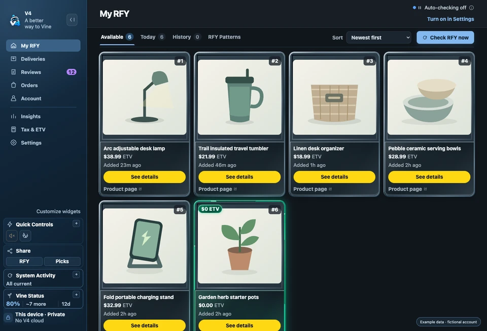 Fictional RFY in the V4 app, with six offers and their estimated tax values.