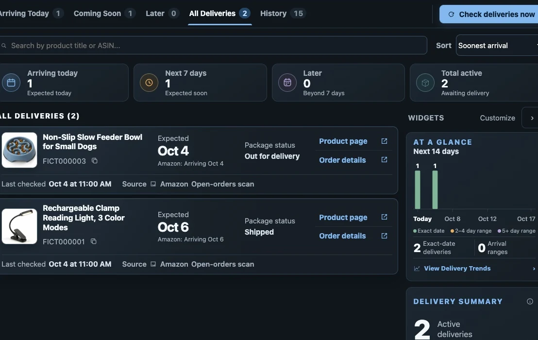 Actual V4 Deliveries with fictional arrivals, a delivery calendar and saved delivery estimates.